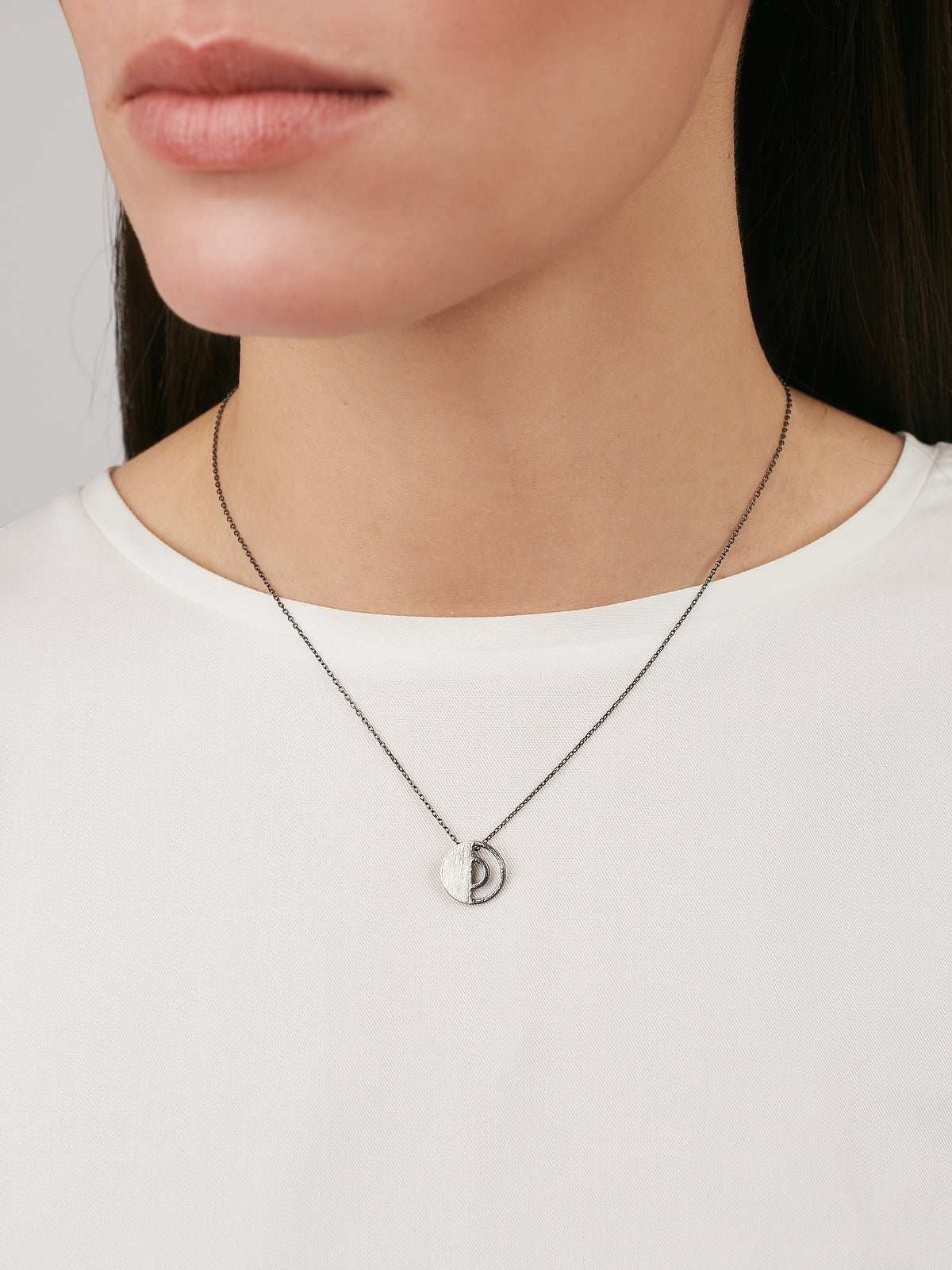 model wearing Silver Necklace with an Oxidized finish