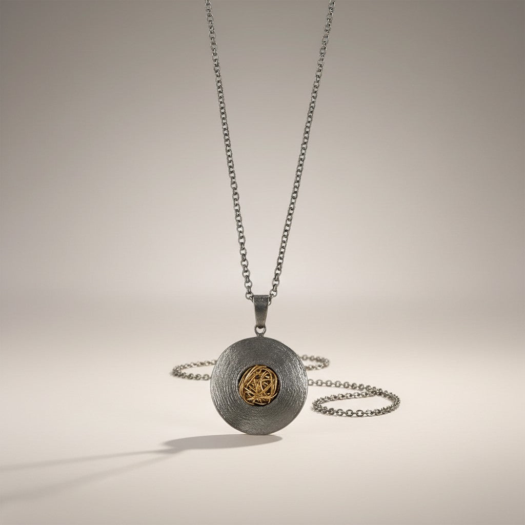 Silver necklace with a round pendant on a beige background from Jouly K
