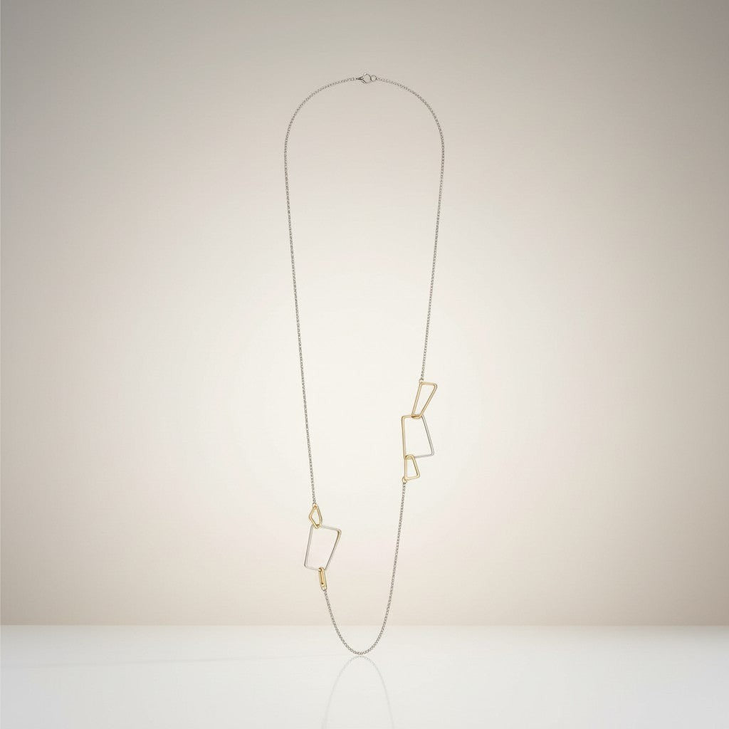 Jouly K geometric link long necklace for women, silver-tone chain with gold geometric shapes.
