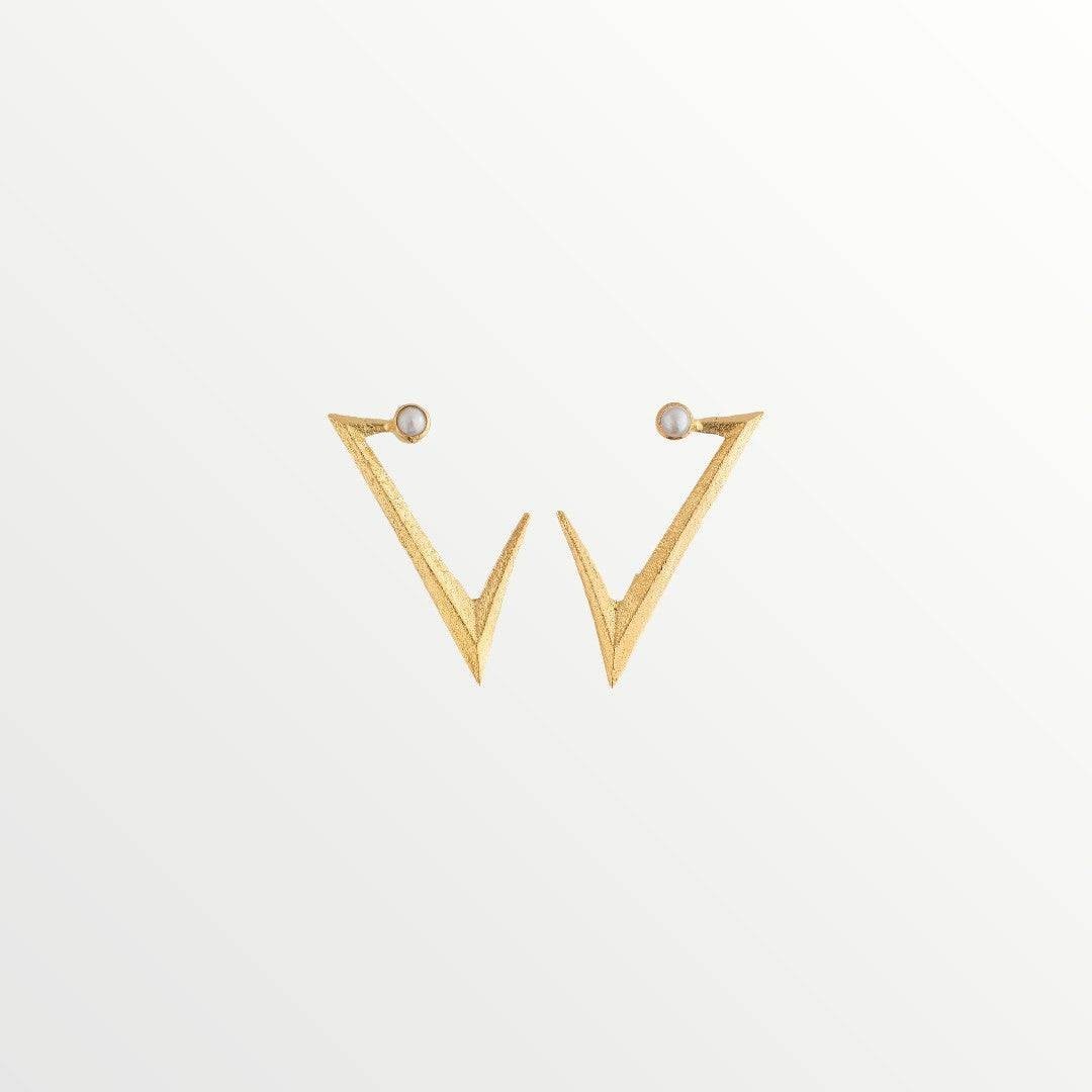 Jouly K gold plated V-shaped earrings with white pearls. Handmade silver 925 earrings with a luxurious finish.