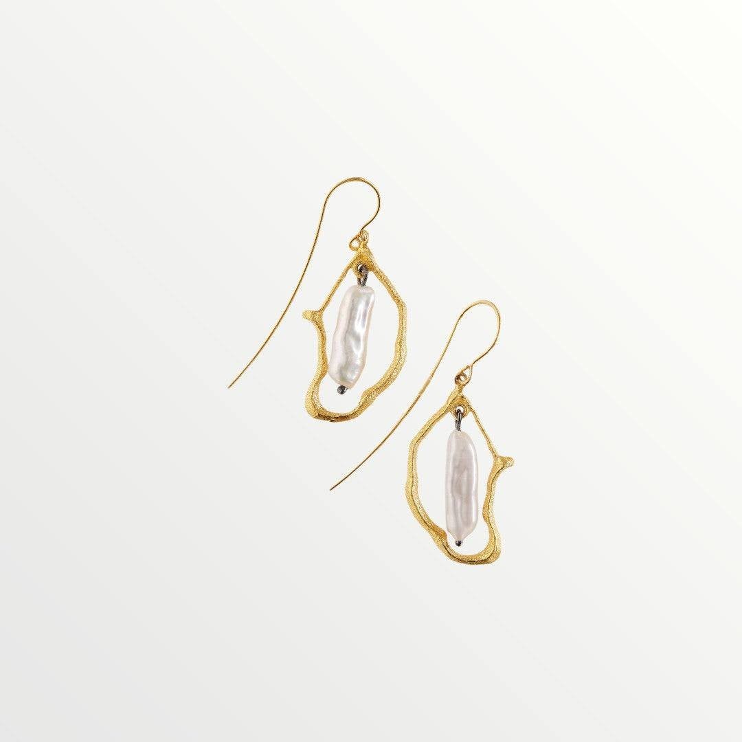 Jouly K handmade gold plated earrings with white baroque pearls. Silver 925 base.