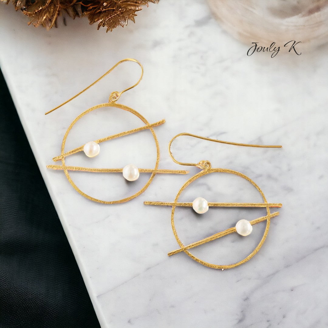 Jouly K gold plated hoop earrings with white pearls, handmade from silver 925.