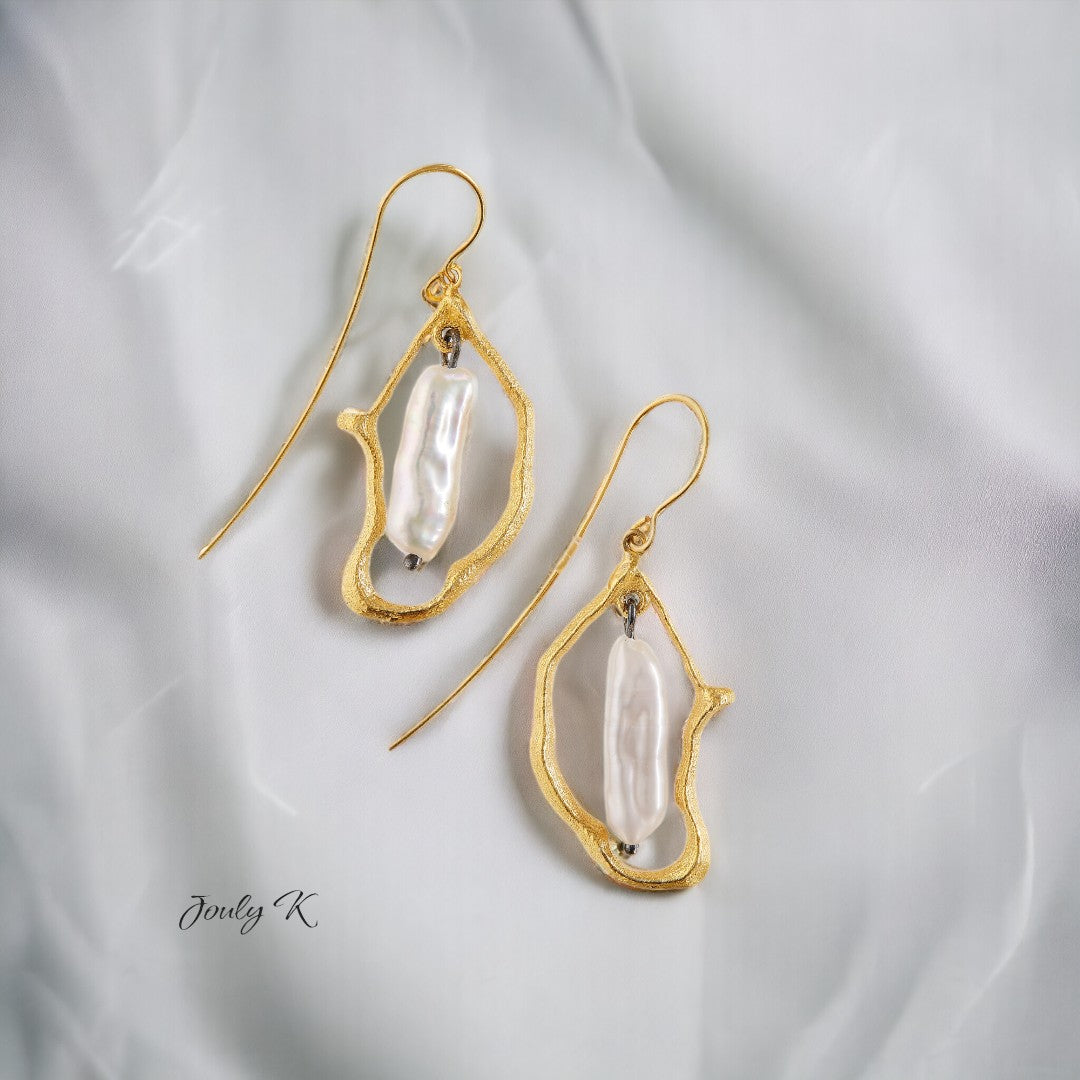 Jouly K handmade gold plated earrings with white baroque pearls, 2cm W x 3.2cm L
