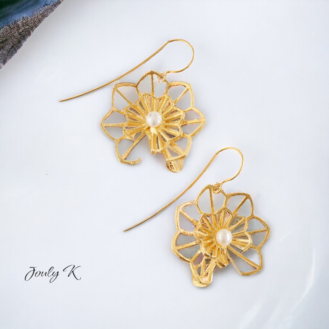 Jouly K handmade gold plated filigree flower earrings with white pearls. Silver 925 base.