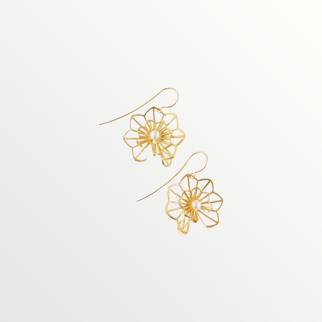 Jouly K gold plated filigree flower earrings with white pearls, handmade from silver 925.