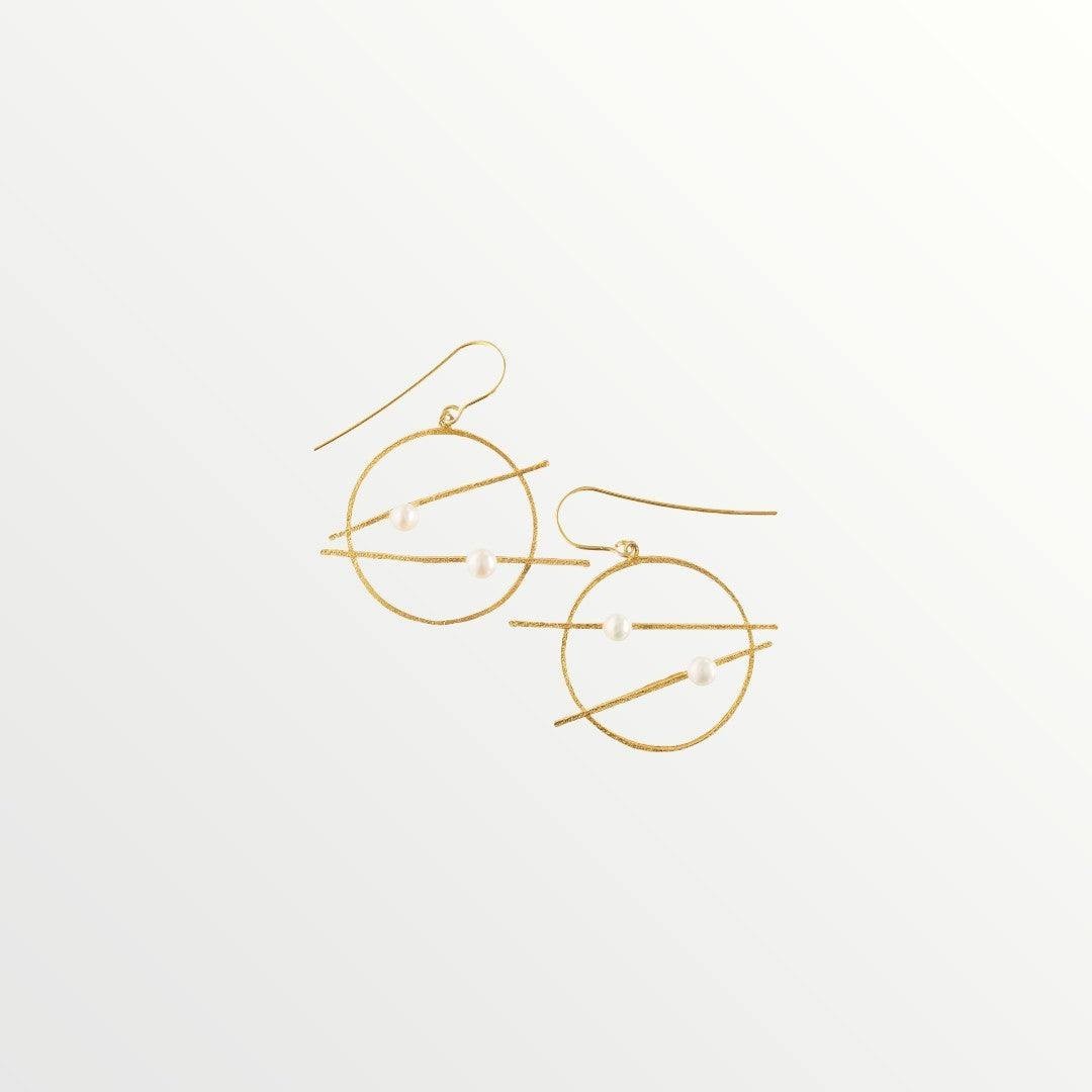Jouly K handmade gold plated hoop earrings with white pearls and modern linear design.
