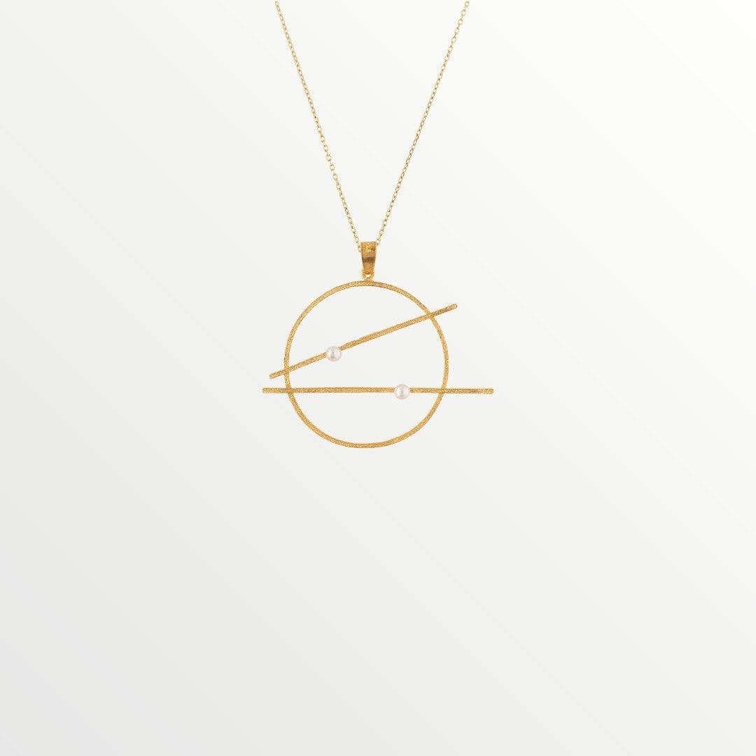 Jouly K handmade gold plated silver necklace with white pearls and a modern geometric design.