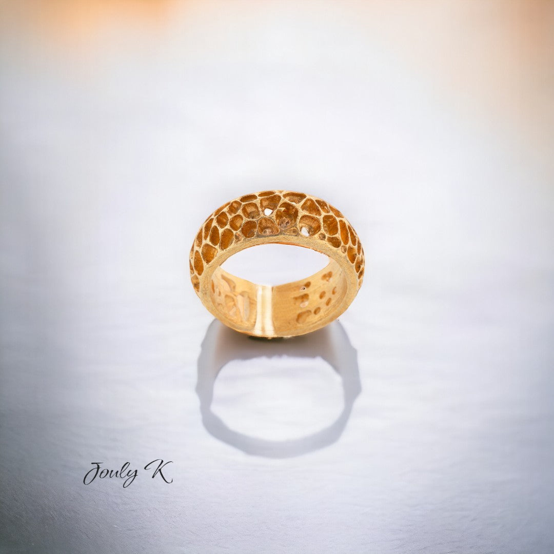 Jouly K handmade silver ring with gold plated finish, honeycomb design, adjustable size.