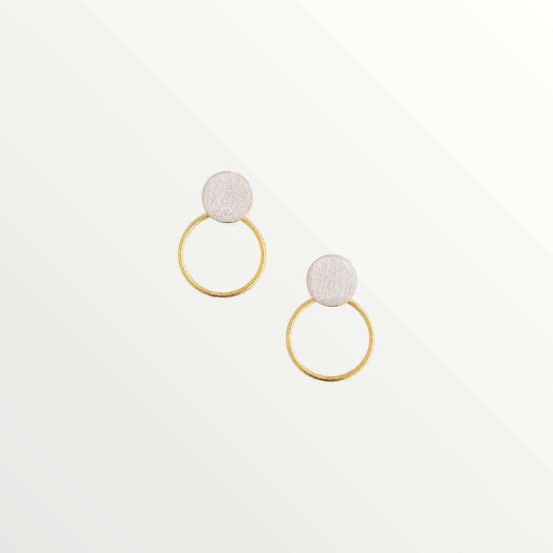 Jouly K handmade silver earrings with gold plated finish, featuring a circular stud and hoop design.