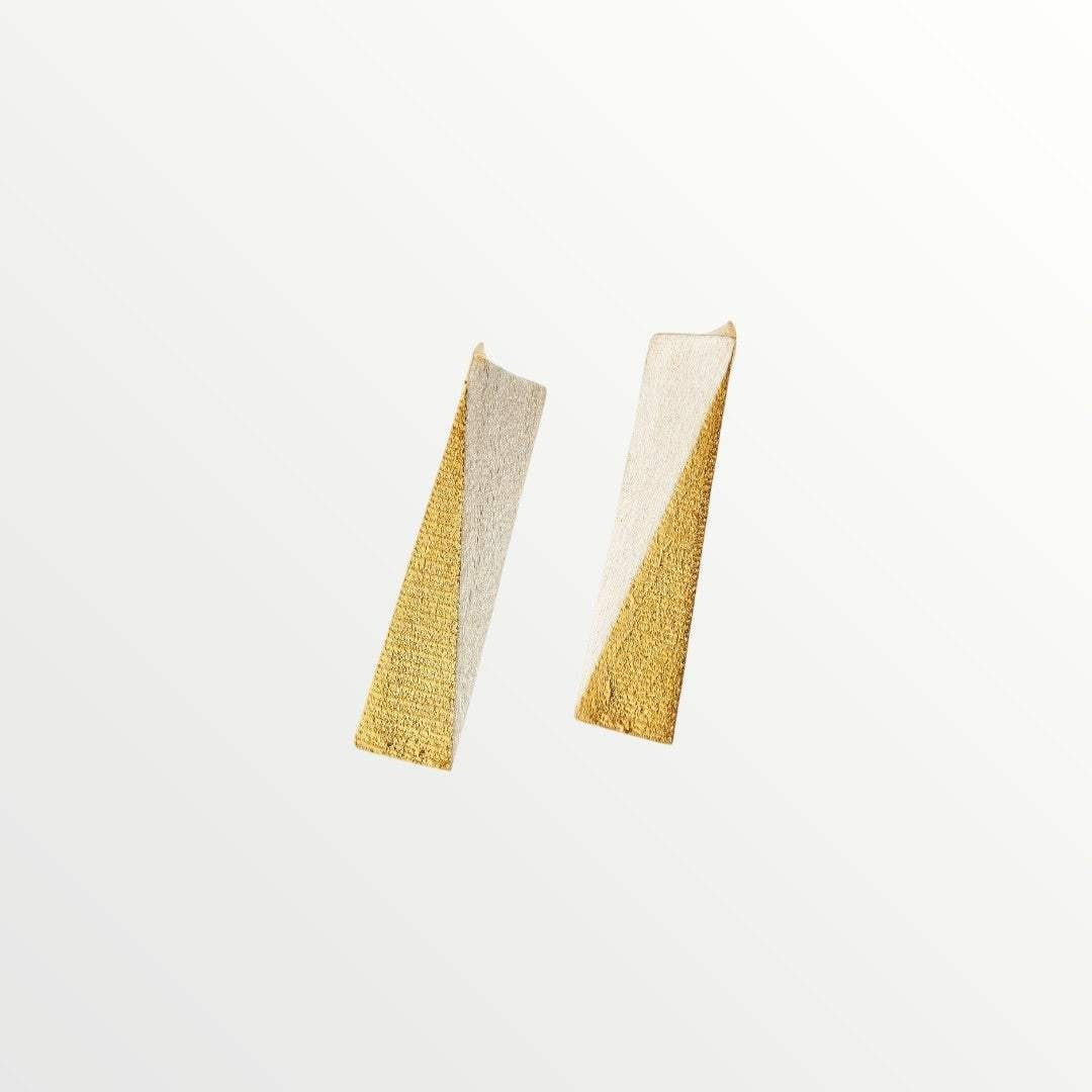 Jouly K handmade silver earrings with a textured gold plated finish. Geometric design, 4cm length.