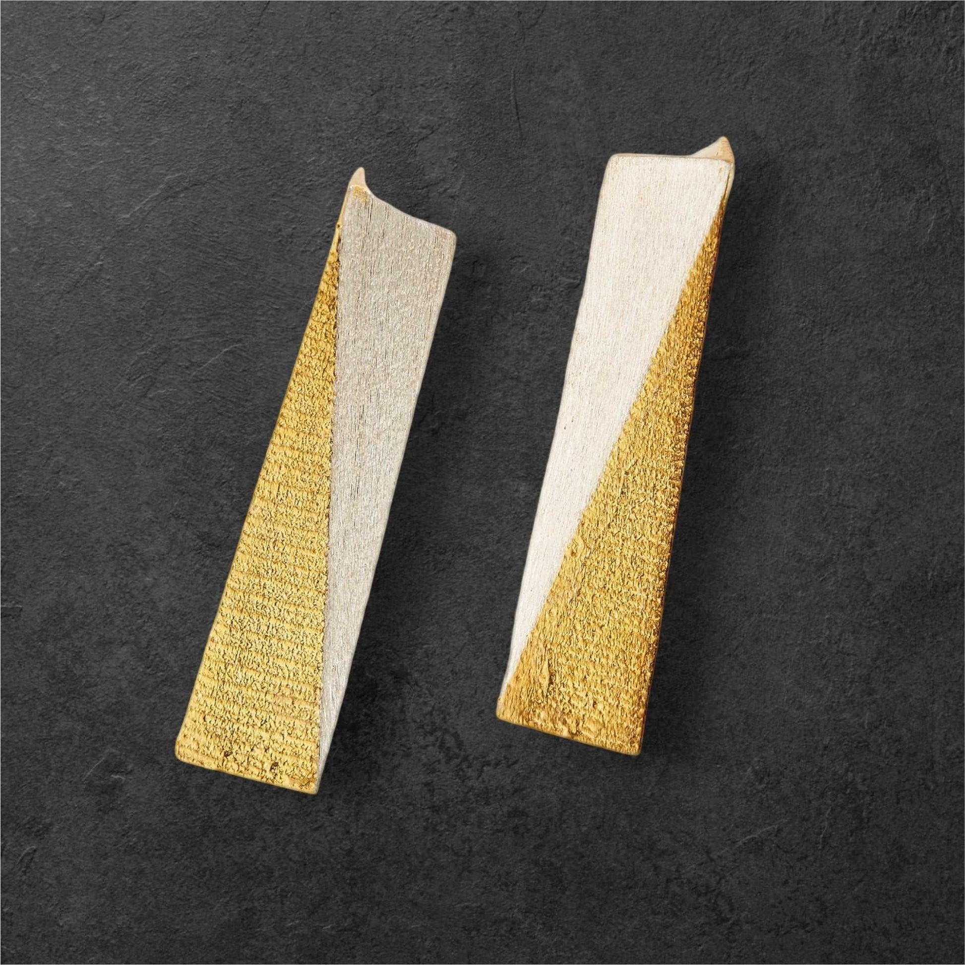 Jouly K handmade silver earrings with gold plated finish, diagonal design, 4cm length.