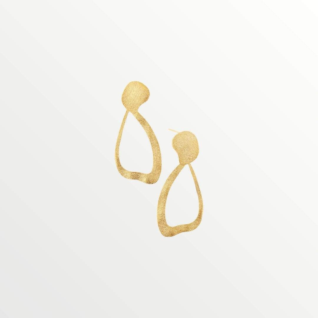 Jouly K handcrafted silver earrings with gold plated finish, abstract teardrop shape, 6.5cm length.