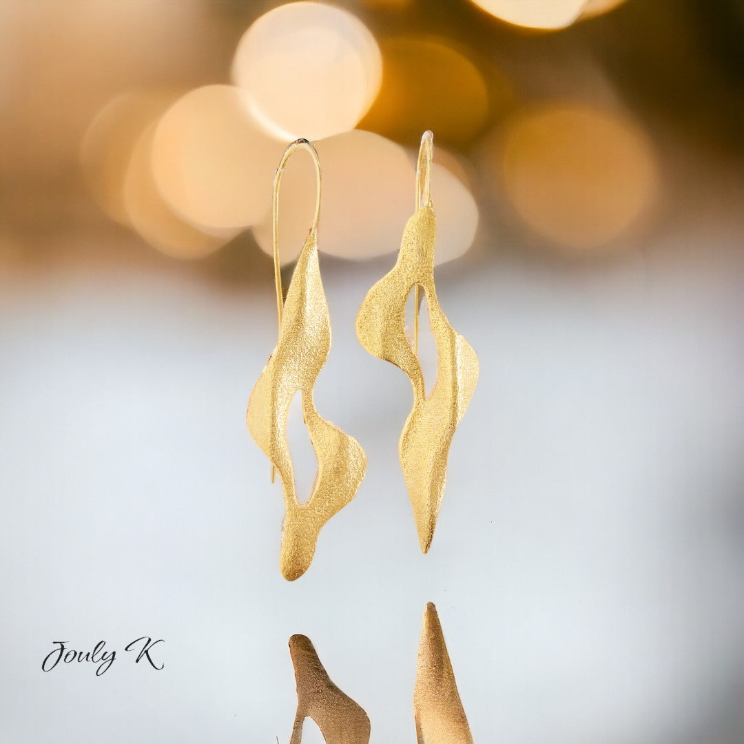 Jouly K handmade silver earrings with 22ct gold plated finish, abstract wavy design.