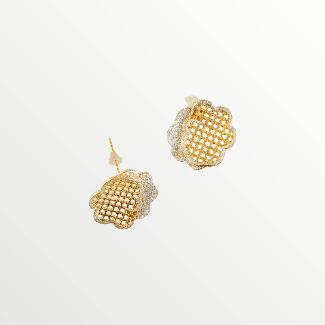 Jouly K handmade silver earrings with 22ct gold plated finish, featuring a floral design with a perforated pattern.