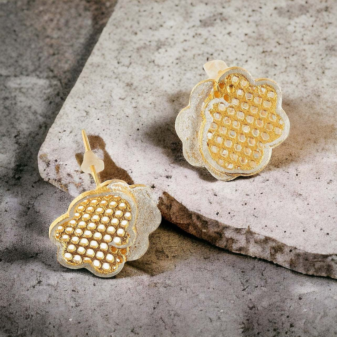Jouly K handmade silver earrings with 22ct gold plated finish, featuring a textured, floral-inspired design with a honeycomb pattern.