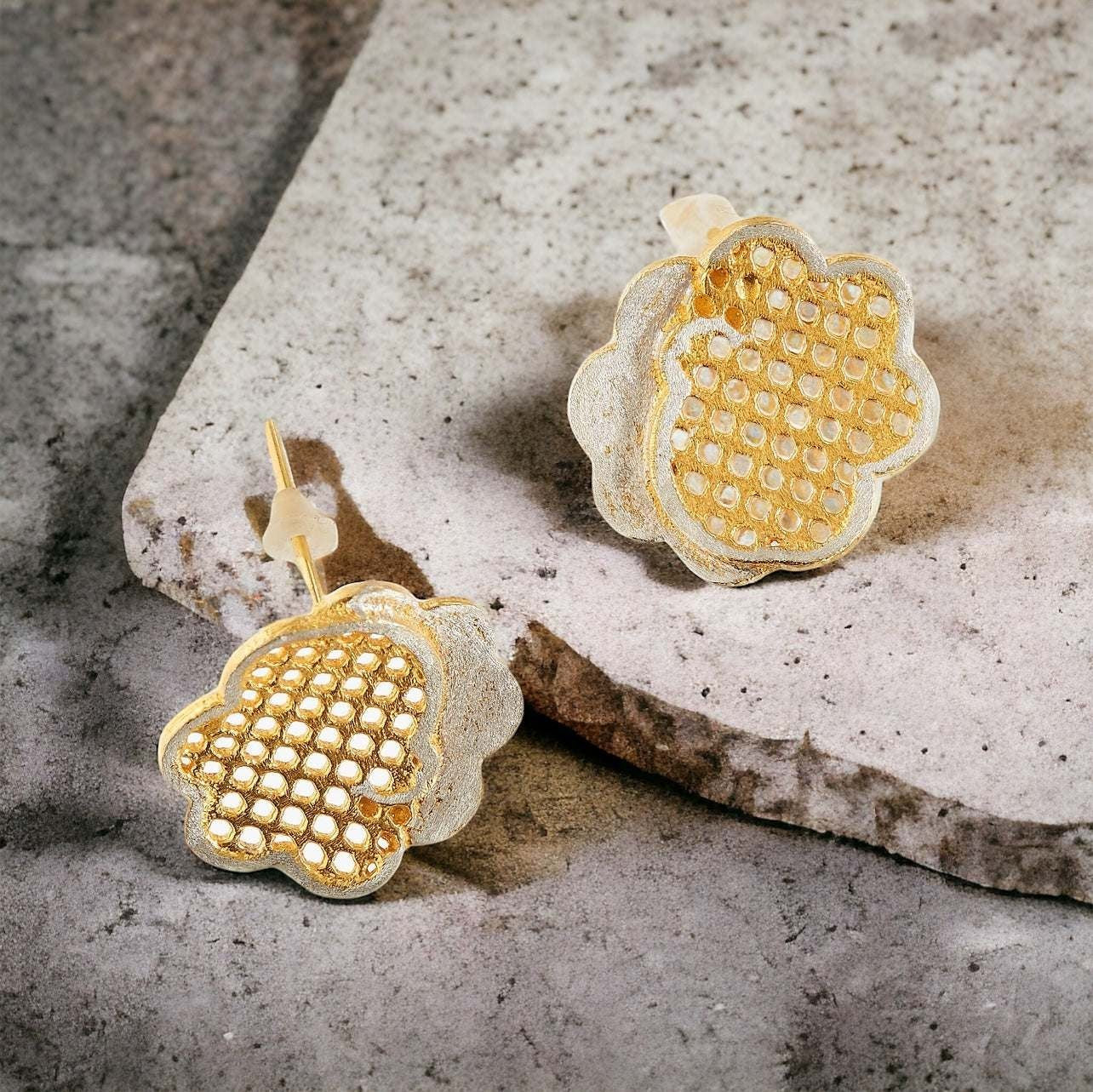 Jouly K handmade silver earrings with 22ct gold plated finish, featuring a textured, floral-inspired design with a honeycomb pattern.