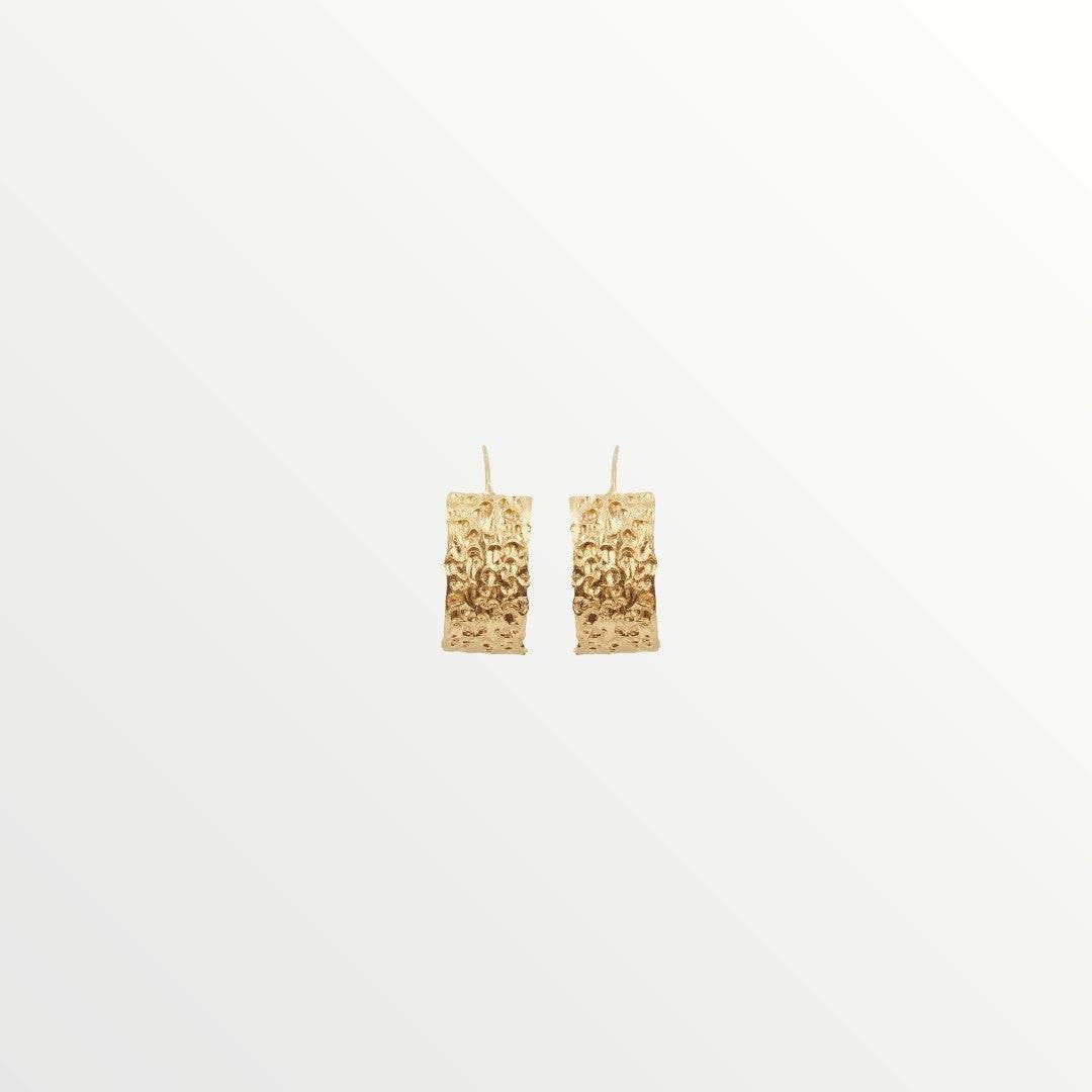 Jouly K gold plated silver earrings with hammered texture. Rectangular drop earrings, 2.3 cm long.