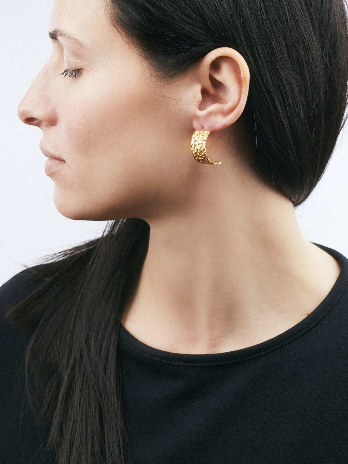 Jouly K gold plated silver hoop earrings with textured finish, 2.3 cm length.