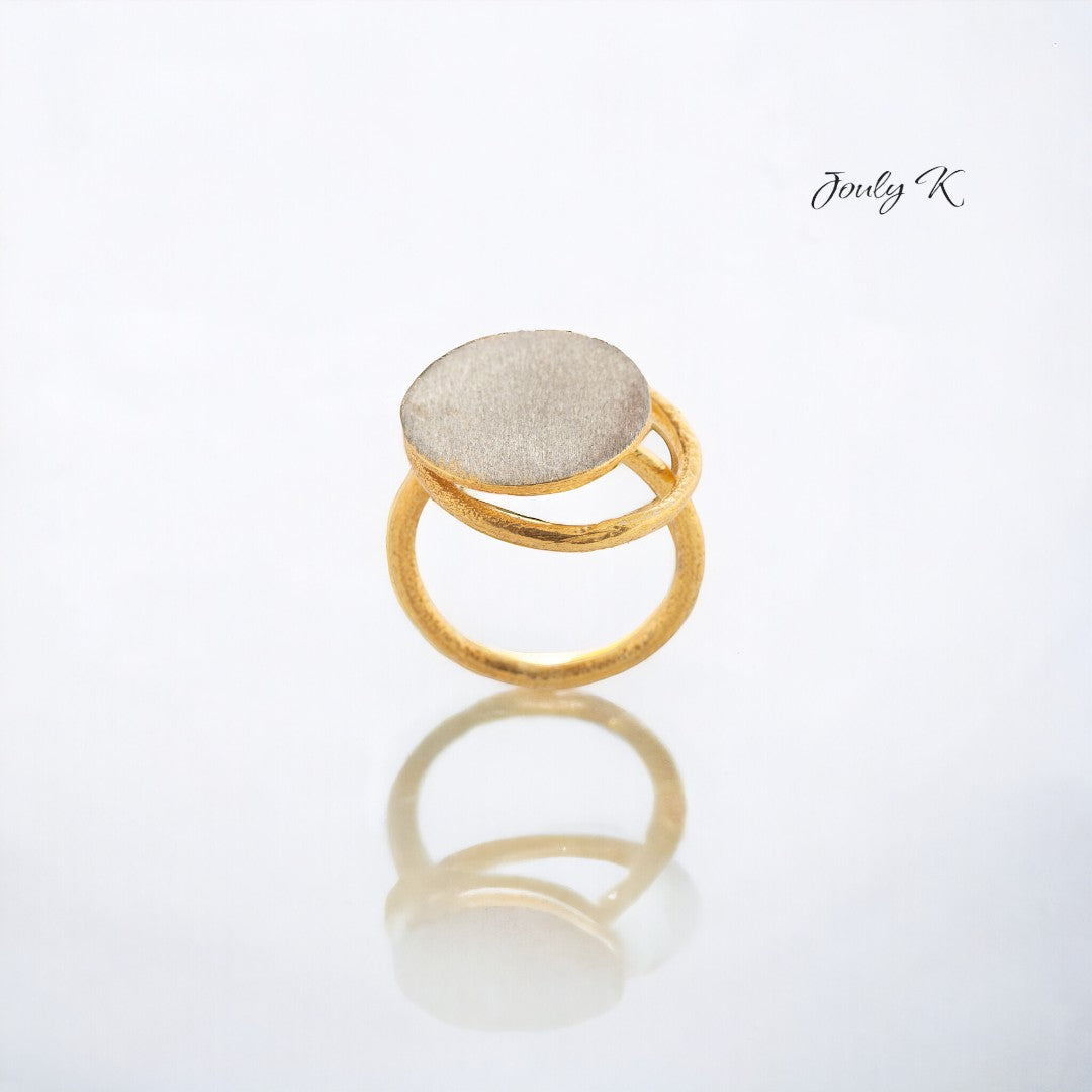 Jouly K handmade silver ring with a brushed gold plated finish and a double band design.