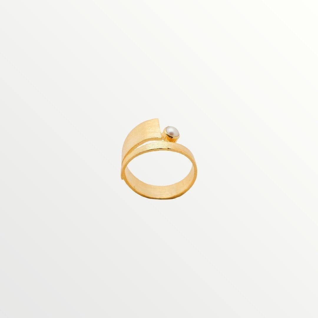 Jouly K handmade oxidized silver ring with gold plating and a white pearl accent. Adjustable size.