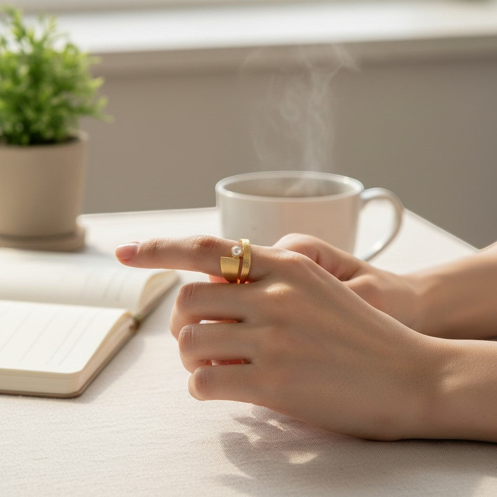 Jouly K Modern Gold Ring With Pearl Accent, brushed gold finish, open-ended band, minimalist design.