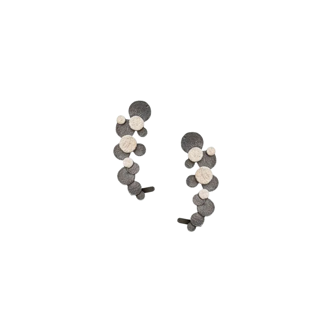 Jouly K handmade silver 925 earrings with oxidized finish, featuring a cluster of circles in varying sizes.