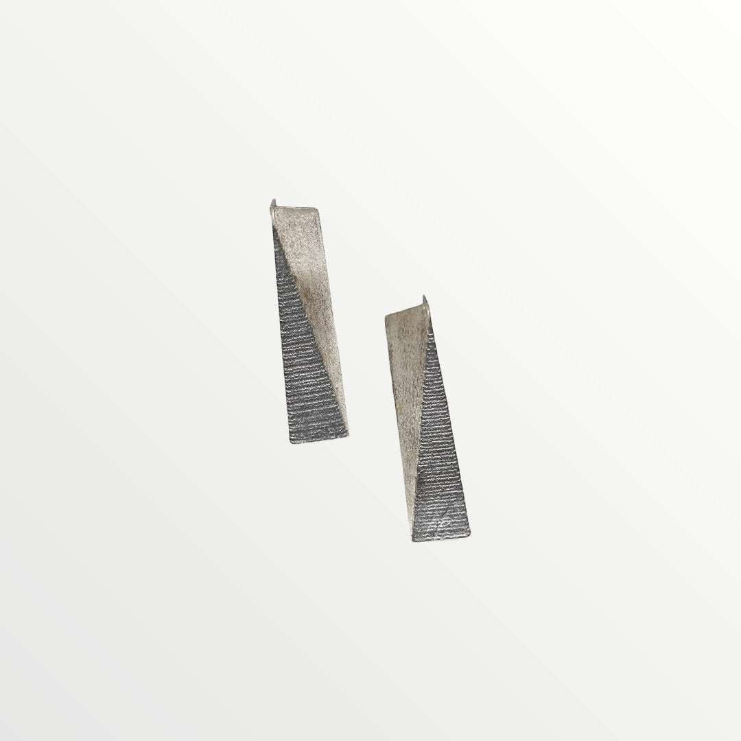 Jouly K handmade silver 925 earrings with oxidized finish and textured detail. Geometric triangular shape, 1cm W x 4cm L.