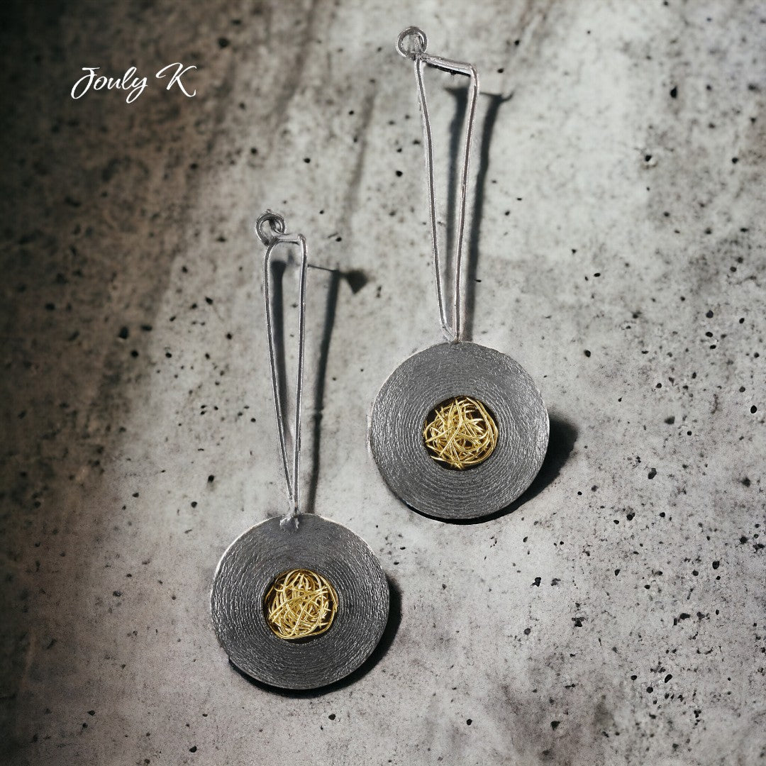 Jouly K handcrafted silver 925 earrings with oxidized finish and gold wire detail. Rustic, elegant dangle earrings.