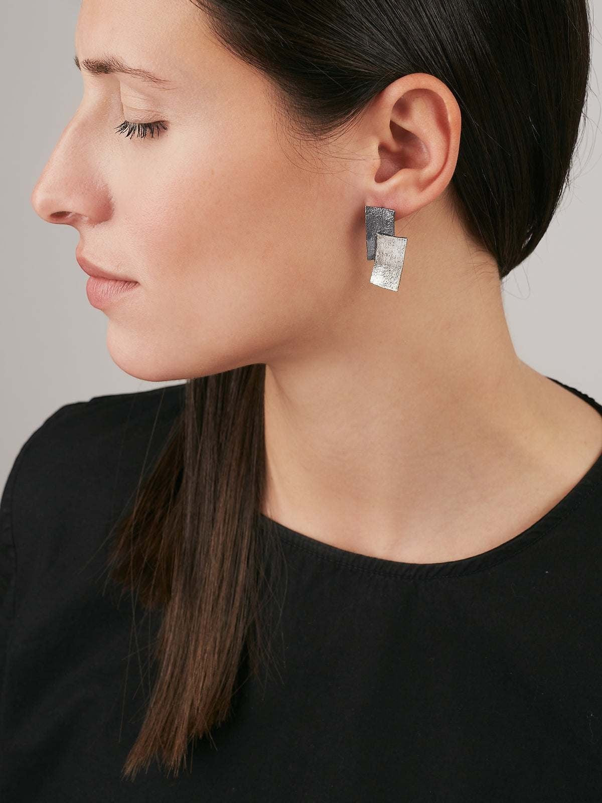 Jouly K handmade silver 925 earrings with an oxidized finish, featuring two stacked rectangular shapes.