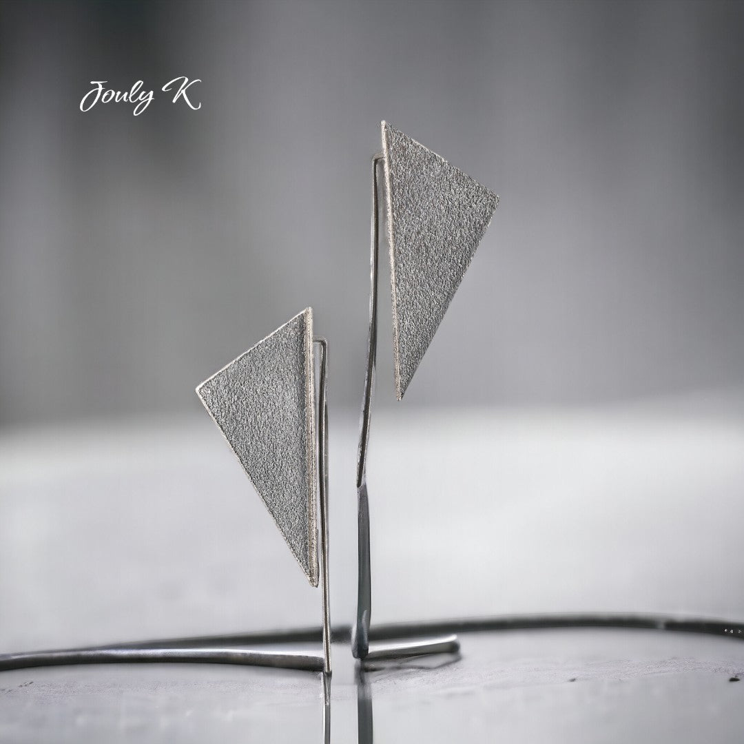 Jouly K handmade silver 925 earrings with oxidized finish, triangular shape, 1.5cm W x 3.4cm L.