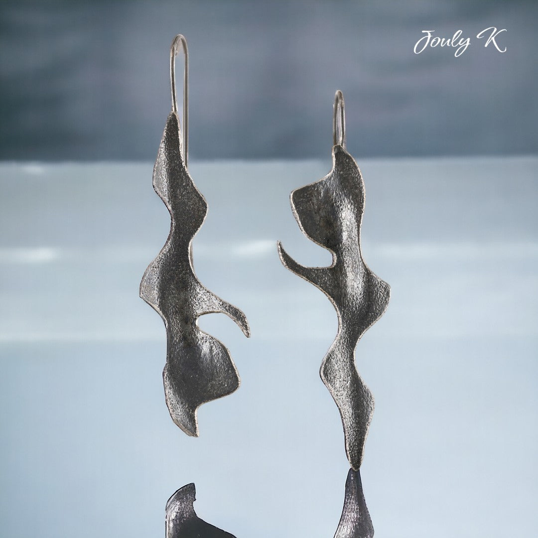 Jouly K handcrafted silver 925 earrings with an oxidized finish, abstract wavy design, 4cm length.