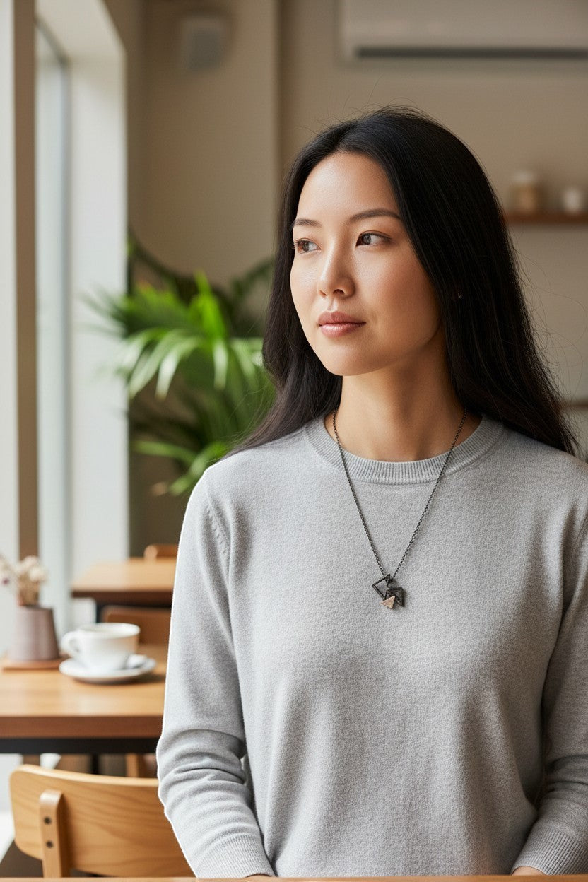 Jouly K handmade silver 925 necklace with oxidized finish, featuring a geometric pendant and adjustable chain.