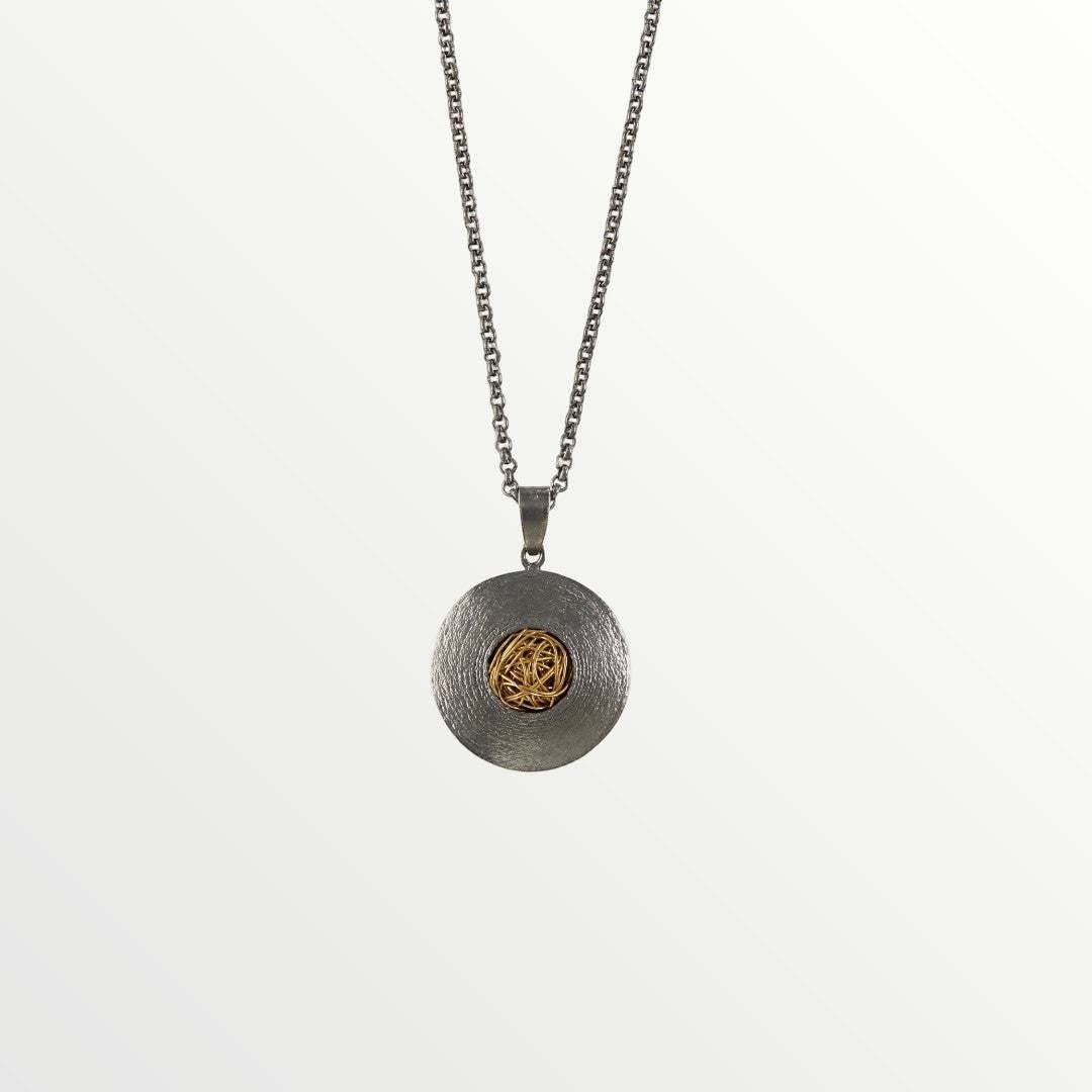Jouly K silver necklace with oxidized finish and gold wire detail in center. Handmade, 40-45cm chain.