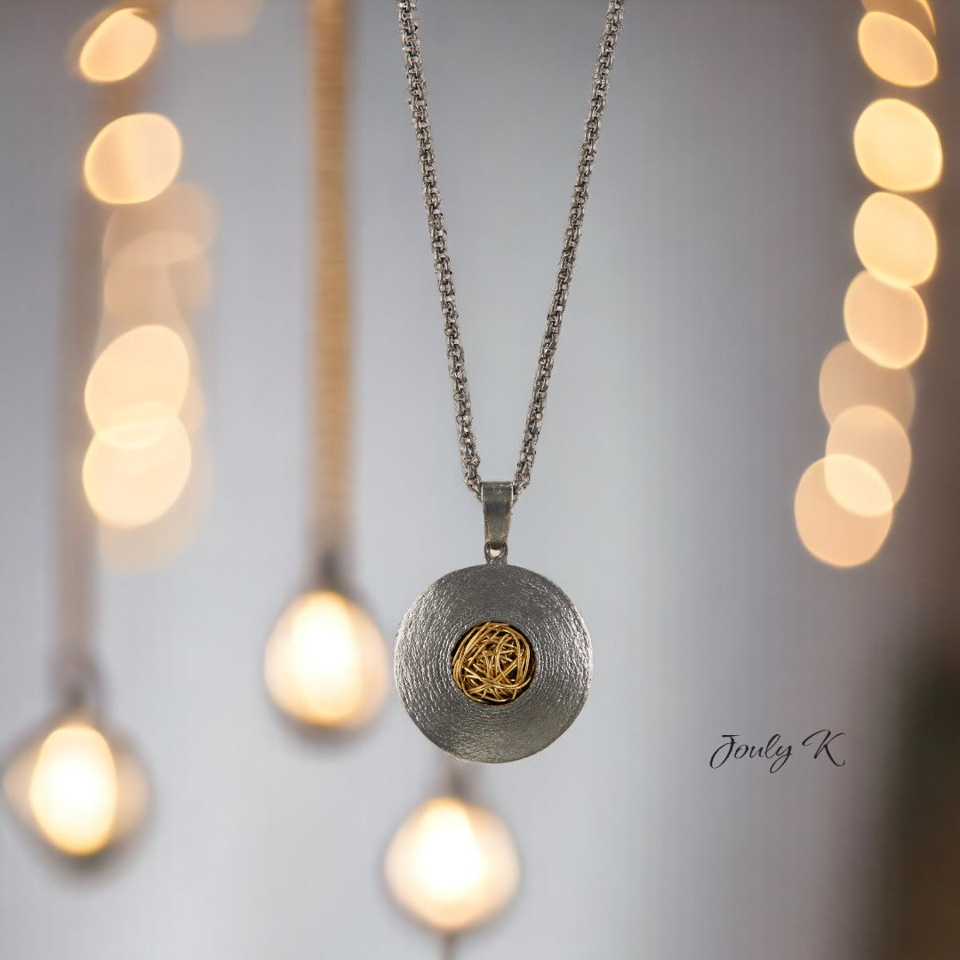 Jouly K handmade silver necklace with oxidized finish and gold wire detail in center. 40-45cm chain.