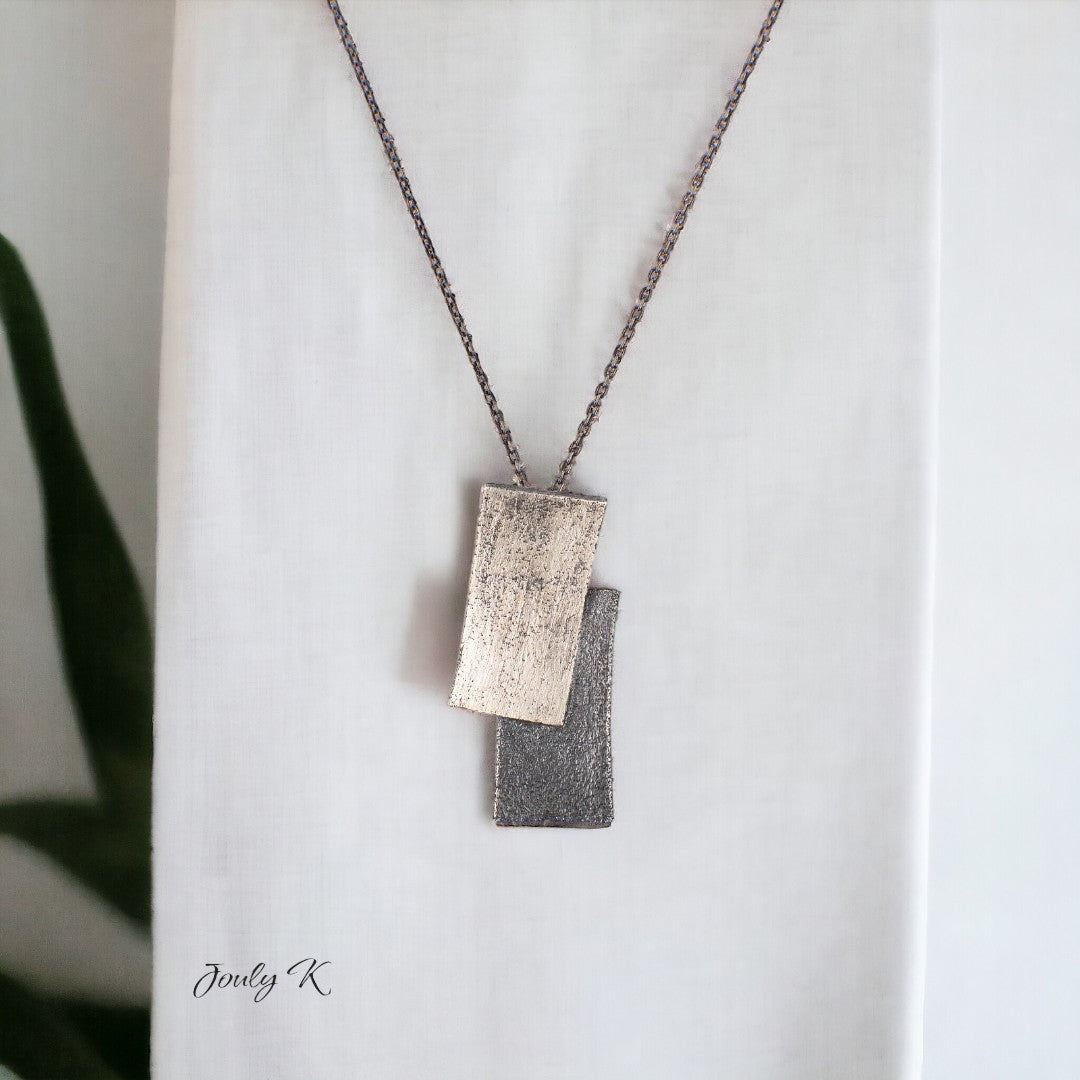 Jouly K handmade silver 925 necklace with an oxidized finish and two rectangular pendants.