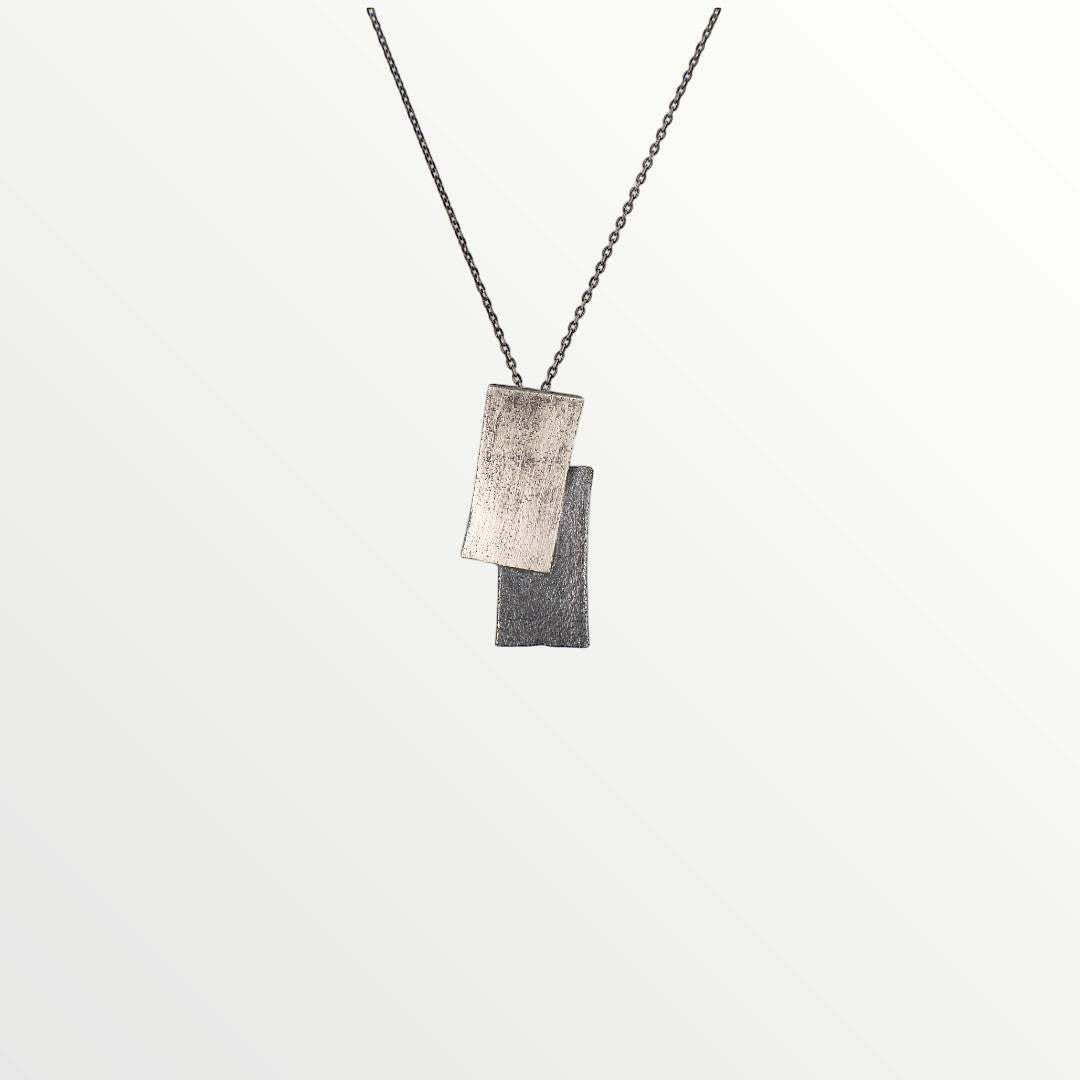 Jouly K silver 925 necklace with an oxidized finish and two rectangular pendants. Adjustable chain length 40-45cm.