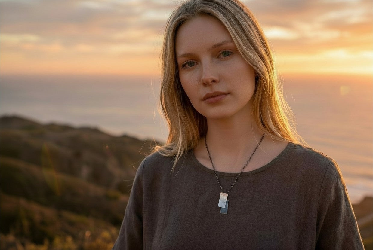Jouly K silver 925 necklace with an oxidized finish and two rectangular pendants on a 40-45cm chain.