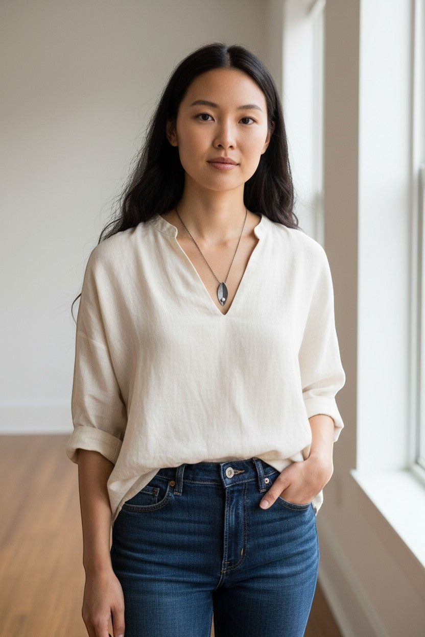Jouly K handmade oxidized silver necklace with white pearl accent, 40-45 cm chain.