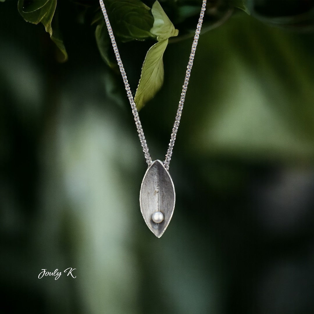 Jouly K handmade oxidized silver necklace with a white pearl accent, 40-45cm chain.