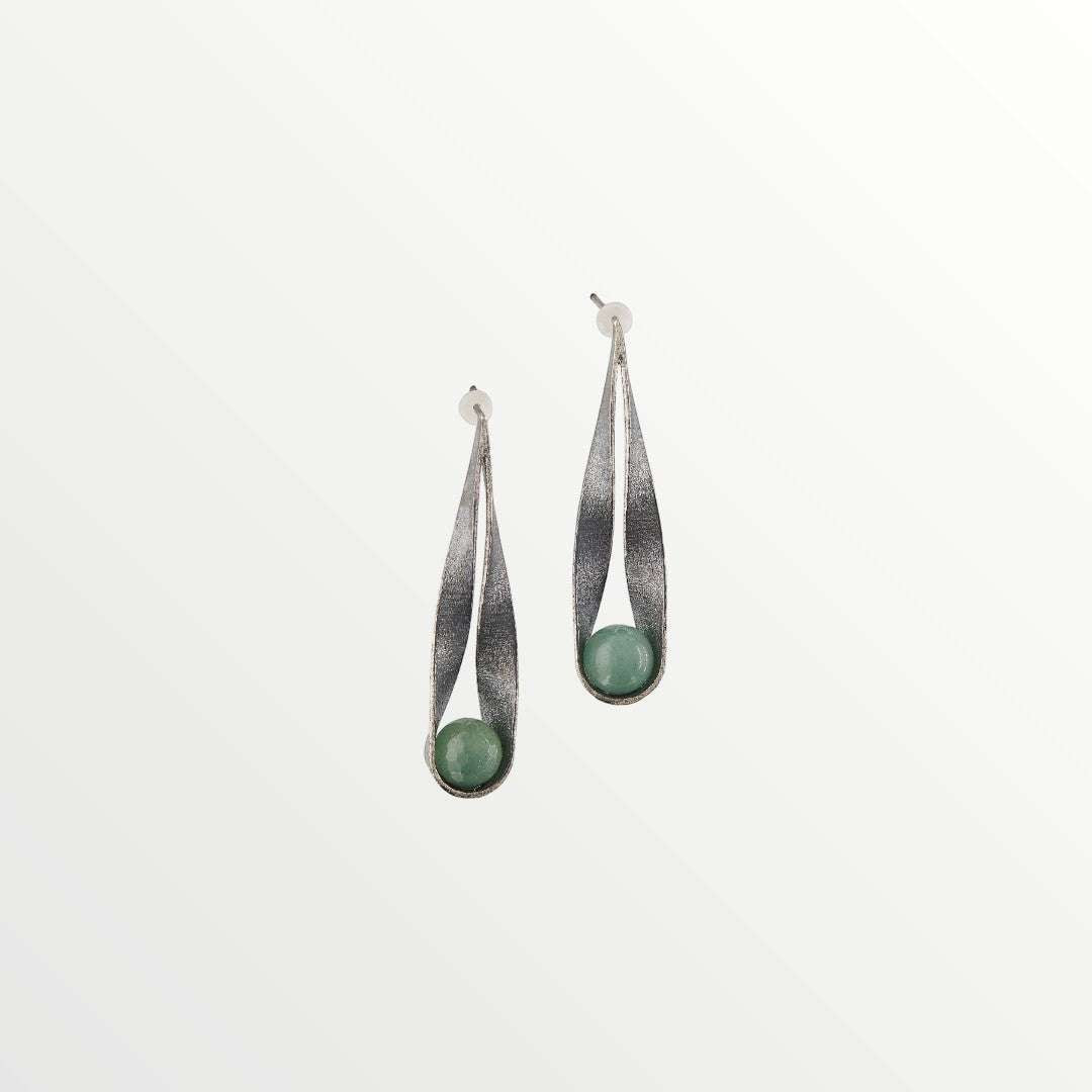 Jouly K handmade silver 925 earrings with 22ct gold plating and green agate gemstones. Oxidized finish.