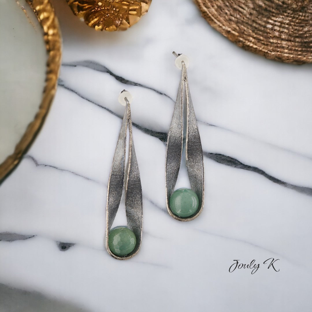Jouly K handmade silver 925 earrings with 22ct gold plating and green agate gemstone. Oxidized finish.