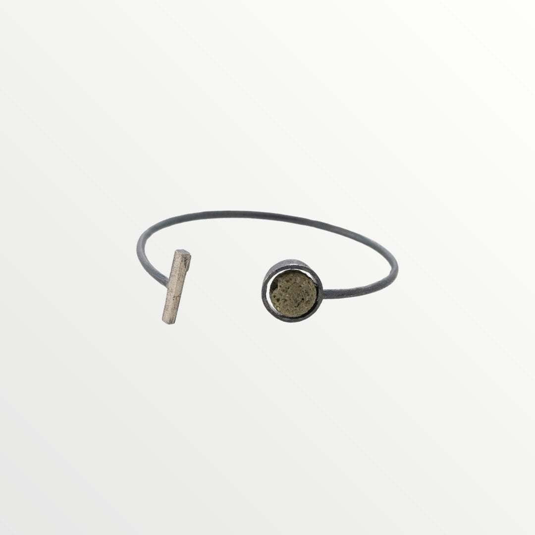 Jouly K silver 925 open bangle with oxidized finish and a round lava gemstone.