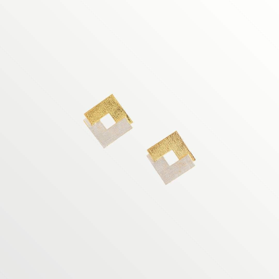 Jouly K handmade silver 925 earrings with 22ct gold plated finish, square design with cut-out detail.