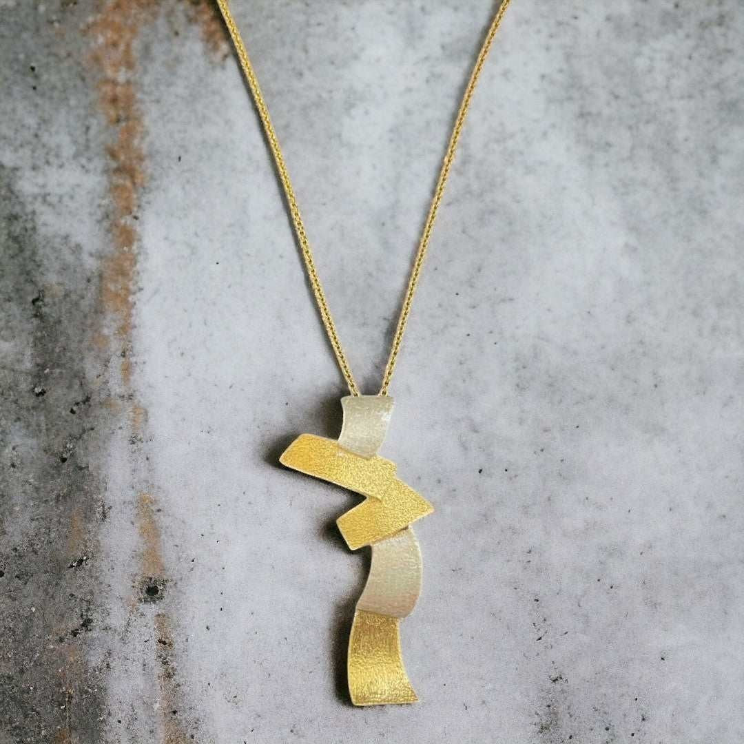 Jouly K handmade silver necklace with gold plated finish, abstract design, 40-45cm chain.
