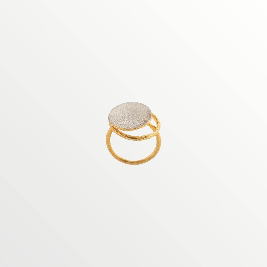 Jouly K handmade silver ring with gold plated finish, featuring a textured disc top and double band.