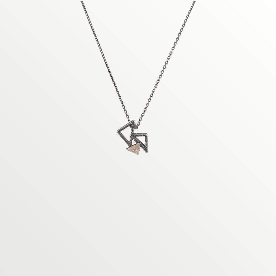 Jouly K handmade silver 925 necklace with oxidized finish and geometric interlocking triangles pendant.