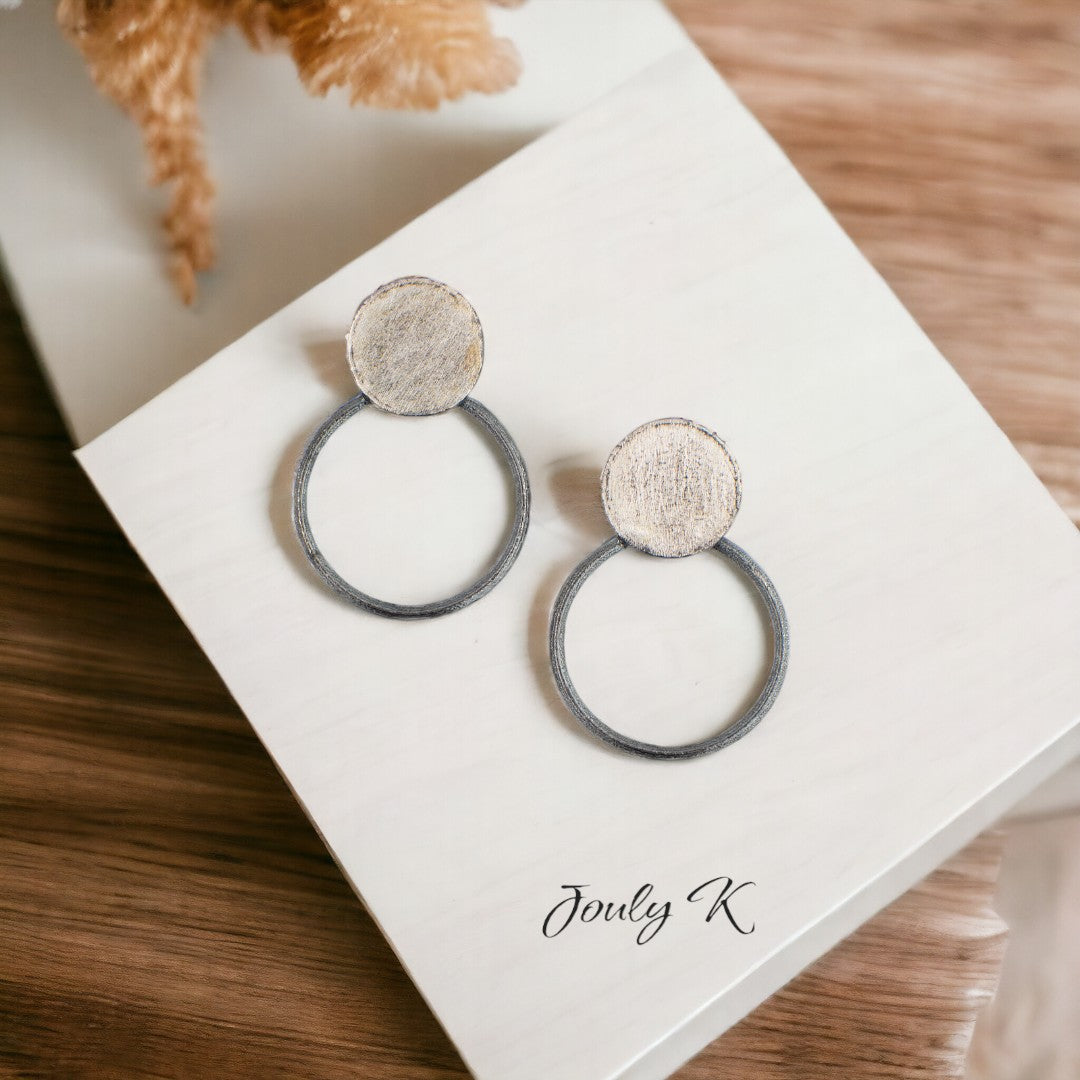 Jouly K handmade silver 925 earrings with oxidized finish, round hoop and disc design.