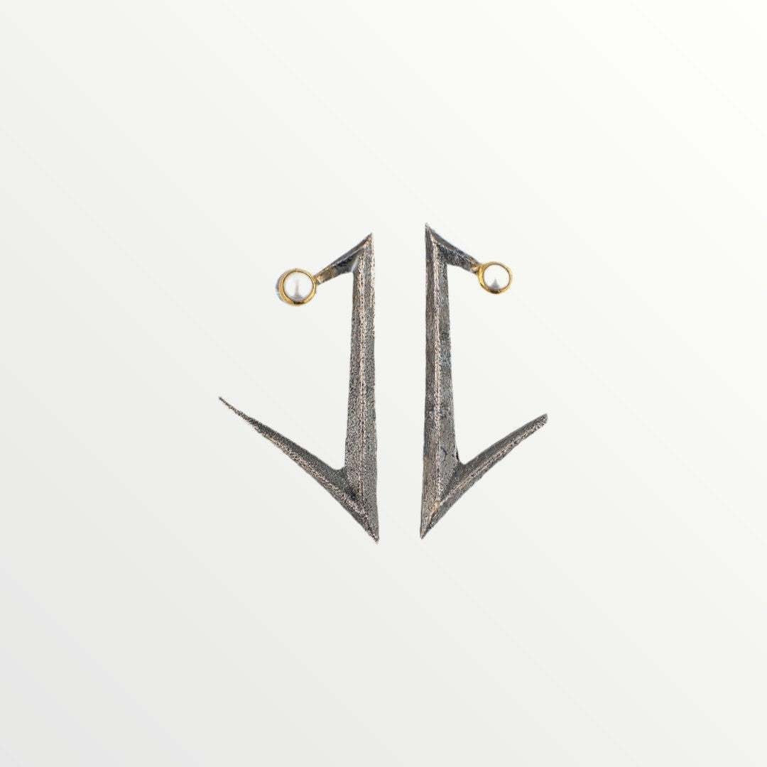 Jouly K handmade oxidized silver earrings with white pearls, 1.6cm W x 3.5cm L