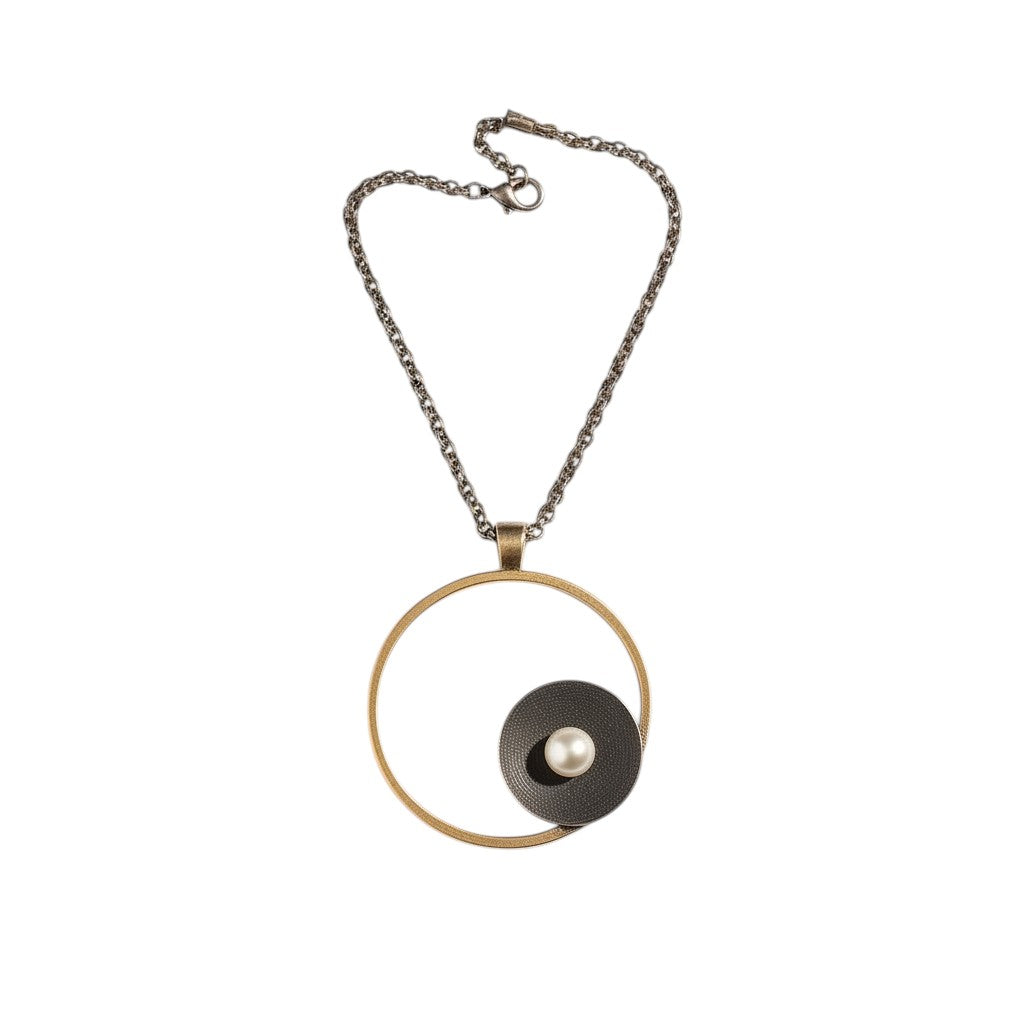 Jouly K Sterling silver necklace with oxidized finish, white pearl, and unique circular design. 80cm chain.