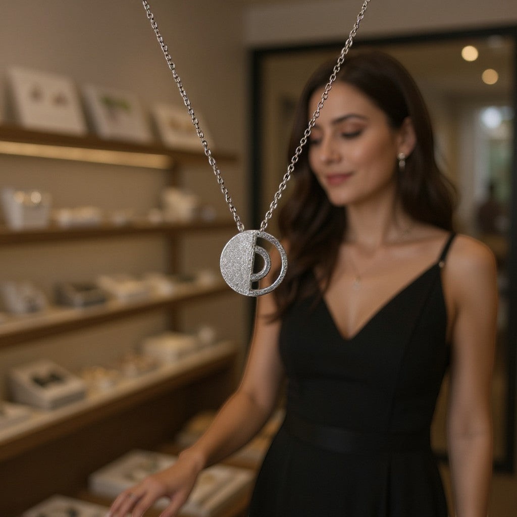 Jouly K silver necklace with oxidized finish, featuring a half-circle pendant with intricate detailing and a delicate chain.